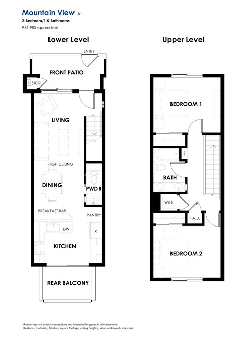 Floor plan for 2 beds, 1.5 baths, 968 sqft